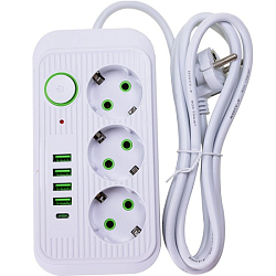 Сетевой фильтр  2.0м TENDENZA TZ-SP002, 3 розетки, 4 USB, 1 Type-C