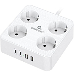 Сетевой фильтр  2.0м CABLEXPERT Plate, PLT-4-C2U2-W-2, белый, 4 розетки, 10А, 2Type-C PD, 20Вт, 2USB, 2.4A, 2м, ур.защиты 4+, коробка