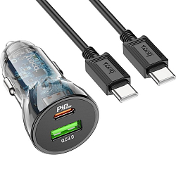 Авто ЗУ 1USB/1Type-C HOCO Z47A, черный, Type-C <--> Type-C, 30Вт, QC3.0, PD