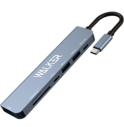 USB Type-C Хаб WALKER WHUB-71, 7в1, серый