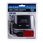 Разветвитель прикуривателя IN-CAR 1511 (3 выхода+2 USB) чёрный, в блистере
