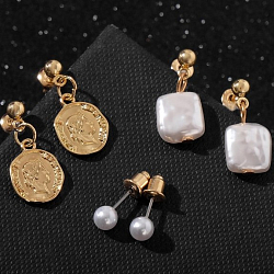 Серьги набор 3 пары "Юность" жемчуг квадраты, цвет белый в золоте   5429390