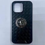 Задняя накладка МОБИЛИС для iPhone 16 Pro Max,, под кожу, темно-серая с круглой эмблемой