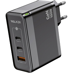 Сетевое ЗУ 1USB/2Type-C WALKER WH-47 GaN, черное, 100Вт, QC 3.0+PD
