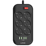 Сетевой удлинитель  2.0м LDNIO SE6403, 6 розеток, 4USB черный/серый