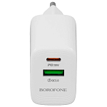 Сетевое ЗУ 1USB/1Type-C 3A BOROFONE  BN27 White, Type-C-Type-C, PD 20W+QC3.0 GaN