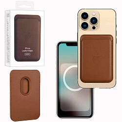 Кошелек для карт Leather Wallet Saddle Brown iPhone 12-15 Pro Max (Анимация NFC Clear) с лого