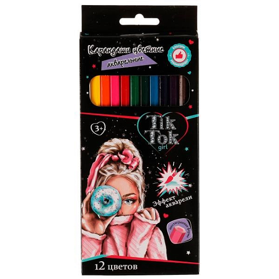 Цветные карандаши TIK TOK GIRL 12цв, акварельные CPA12-69237-TT
