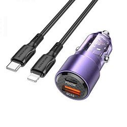 Авто ЗУ 1USB/1Type-C BOROFONE BZ20A, фиолетовый, кабель Type-C <--> Lightning 83W, PD65W + QC3.0