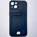 Силиконовый чехол BUTTON для iPhone 14 (Темно-синий) с карманом для пластиковых карт