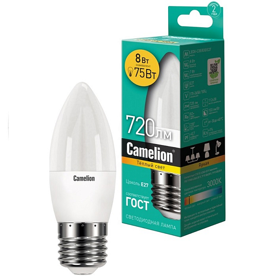 Лампа светодиодная CAMELION C35 8W/3000К/E27