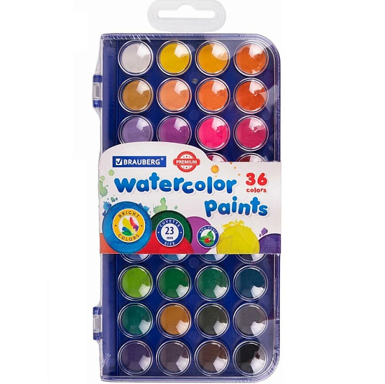 Краски BRAUBERG PREMIUM 36 цветов, круглые кюветы 23 мм 191746
