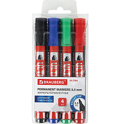 Маркеры перманентные BRAUBERG ULTRA MARKER, НАБОР 4 ЦВЕТА 152208