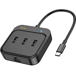 USB-Хаб HOCO HB35, Easy, USB to USB3.0*3+RJ45, кабель USB 1.2м, чёрный