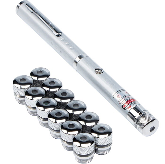 Лазерная указка, 532 нм, 12 насадок, красный луч 9909163