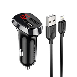 Авто ЗУ 2USB 2.4A  BOROFONE BZ15, кабель USB<-->Lightning чёрный, 12Вт