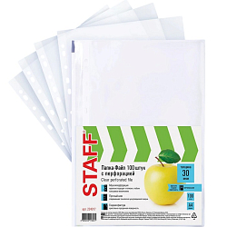 Папки-файлы перфорированные А4 STAFF "STANDARD", КОМПЛЕКТ 100 шт., гладкие, Яблоко, 30 мкм, 224917