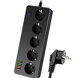 Сетевой фильтр  2.0м SF501 5 розеток,3 USB,1 Type-C чёрный с выкл.