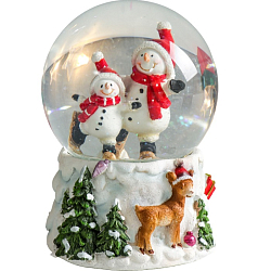 Снежный шар новогодний стеклянный «Два снеговичка и оленёнок», музыкальный, 11×10×14 см