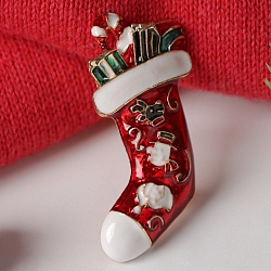 Брошь новогодняя "Носочек" с подарками, цветная в золоте