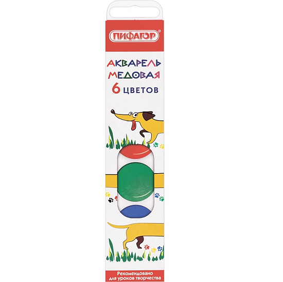 Краски акварельные медовые 6 цветов ПИФАГОР "ВЕСЕЛАЯ ТАКСА",192006