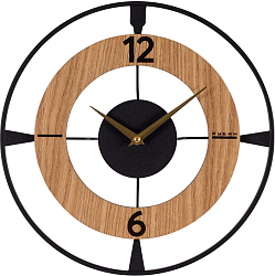 Часы настенные РУБИН "Классика" из металла, d=35 см, открытая стрелка, черный+дерево (3509-001)