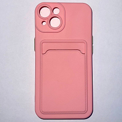 Силиконовый чехол BUTTON для iPhone 14 (Розовый) с карманом для пластиковых карт