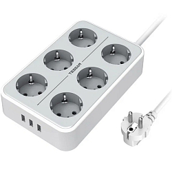 Сетевой фильтр  2.0м TESSAN TS-303 Grey, 6 розеток, 3USB