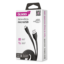 Кабель USB <--> microUSB  1.0м OLMIO плоский, черный