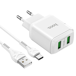 Сетевое ЗУ 2USB 3A HOCO N6, Charmer, белый, microUSB, QC3.0, 18W