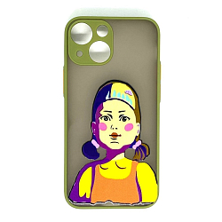 Задняя накладка AKSS для iPhone 13 mini "Игра в кальмара", хаки, матовая с цветными краями и защитой камеры