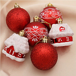 Набор украшений пластик 6 шт "Праздник" (4 шара, 2 домика) 6 см, красный 2131444