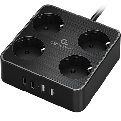 Сетевой фильтр  2.0м CABLEXPERT Plate, PLT-4-C2U2-B-2, черный, 4 розетки, 10А, 2Type-C PD, 20Вт, 2USB, 2.4A, 2м, ур.защиты 4+, коробка