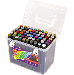 Маркеры для скетчинга двусторонние BRAUBERG ART DEBUT "BLACK", НАБОР 60 шт, пластиковый кейс, 152131