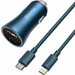 Авто ЗУ 1USB/1Type-C 5A BASEUS синий, Type-C <--> Lightning, 40W (TZCCJD-03)