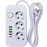 Сетевой фильтр  2.0м TENDENZA TZ-SP002, 3 розетки, 4 USB, 1 Type-C