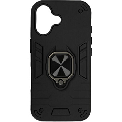 Задняя накладка DF для iPhone 16 black, DF iArmor-11, с кольцом и пластиной для магнитного держателя