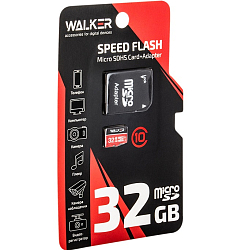 Micro SD 32Gb WALKER Class 10 (75-20Мб/с) с адаптером SD