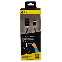 Кабель USB <--> microUSB  1.5м RITMIX RCC-311 черный, тканевая оплетка