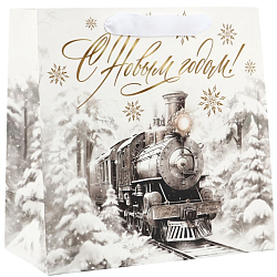 Пакет новогодний квадратный «Новогодний поезд», 22×22×11 см 10343757