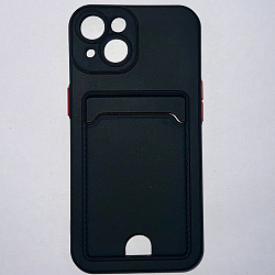 Силиконовый чехол BUTTON для iPhone 14 (Черный) с карманом для пластиковых карт