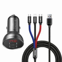 Авто ЗУ 2USB 4.8A BASEUS TZССBX-OG черное, кабель USB <--> microUSB/Lightning/Type-C (TZССBX-OG)