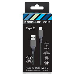 Кабель USB <--> Type-C  1.5м ERGOLUX ELX-CDC11-C09 серый, 5А, 80Вт