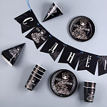 Набор бумажной посуды «С днём рождения», чёрный: 6 тарелок, 1 гирлянда, 6 стаканов, 6 колпаков