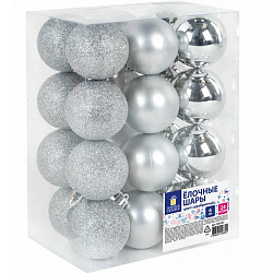 Шары ЗОЛОТАЯ СКАЗКА, 24шт, 6см, "Trio", пластик, СЕРЕБРИСТЫЕ(глянец,матовый,глиттер), 592161