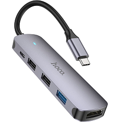 USB-Хаб HOCO HB27, серый, HDTV+1 USB3.0+2 USB2.0+PD, Type-C