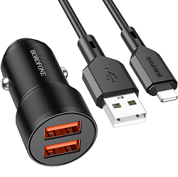 Авто ЗУ 2USB BOROFONE BZ19, Wisdom, Lightning, черный