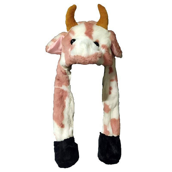 Шапка Корова, розово-белая, с двигающимися ушами