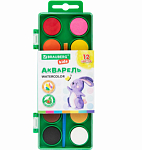 Краски акварельные BRAUBERG KIDS, 12 цветов, круглые кюветы, пластиковый пенал, с кистью, 191806