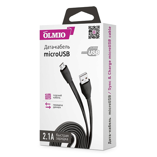 Кабель USB <--> microUSB  1.0м OLMIO плоский, черный